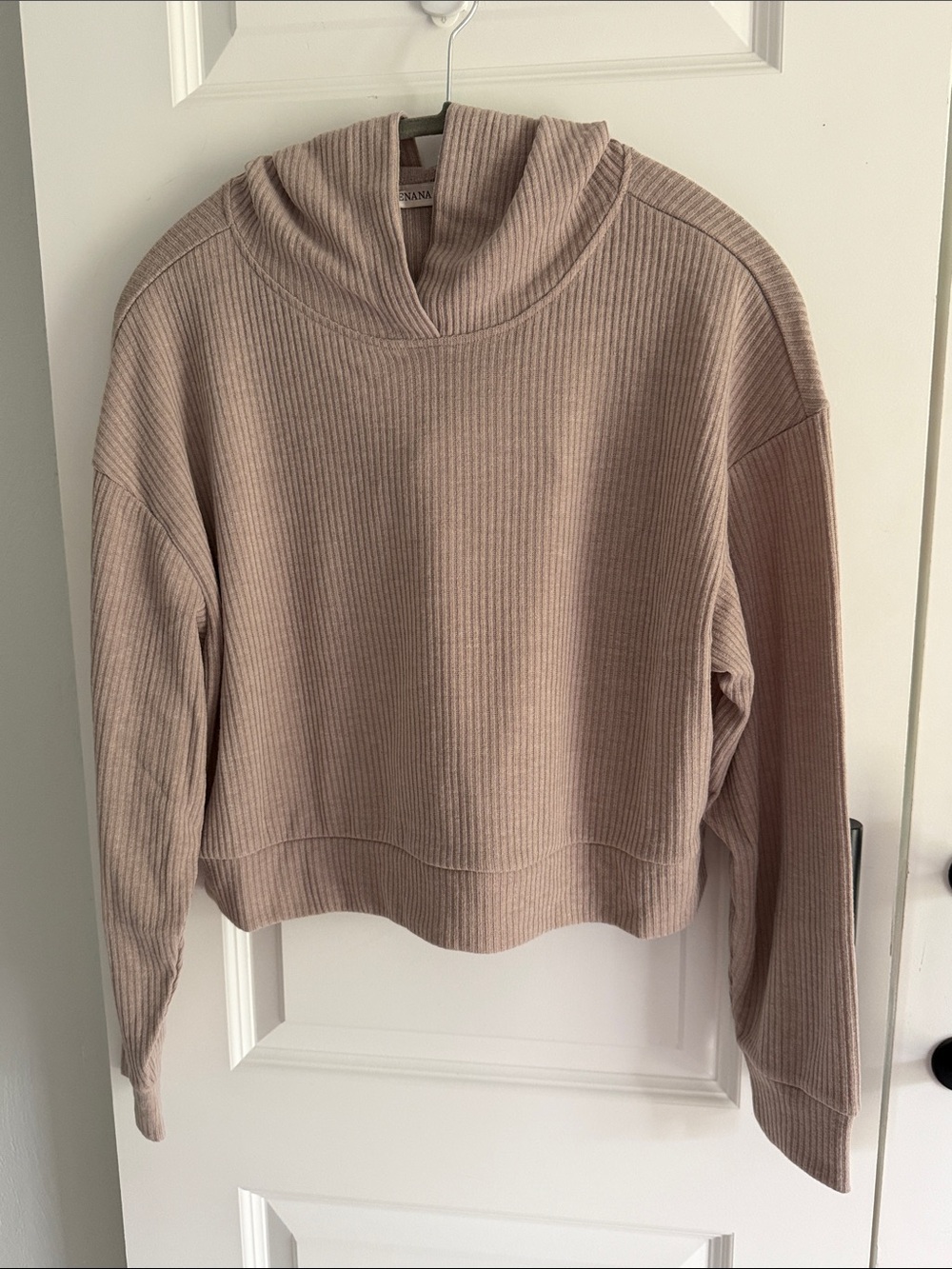 Zenana Ribbed Hooded Pullover Sweater - taupe large